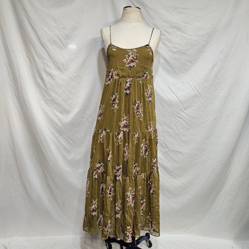 Madewell Olive Green Floral Long Tiered Sundress Flowy Sheer Lightweight Size 2